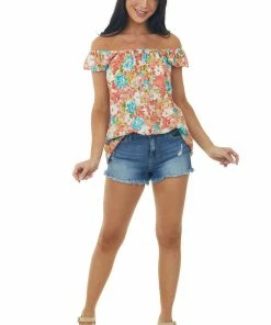 First Love Coral Floral Print Ruffle Short Sleeve Woven Top