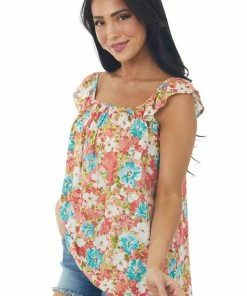 First Love Coral Floral Print Ruffle Short Sleeve Woven Top