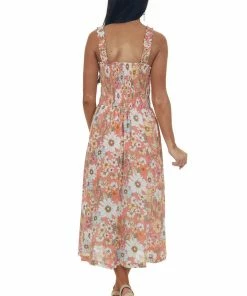 Sweet Lemon Coral Floral Print Smocked Woven Midi Dress