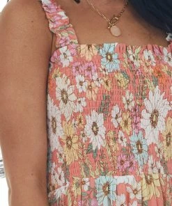 Sweet Lemon Coral Floral Print Smocked Woven Midi Dress