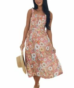 Sweet Lemon Coral Floral Print Smocked Woven Midi Dress