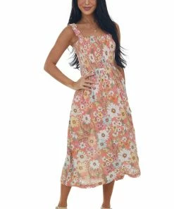Sweet Lemon Coral Floral Print Smocked Woven Midi Dress