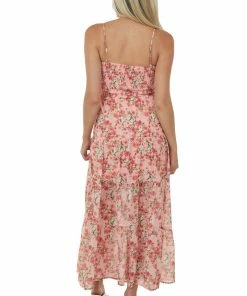 She + Sky Coral Floral Print Sweetheart Neck Maxi Dress Dresses