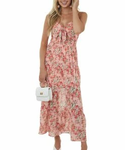 She + Sky Coral Floral Print Sweetheart Neck Maxi Dress Dresses
