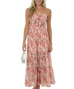 She + Sky Coral Floral Print Sweetheart Neck Maxi Dress Dresses