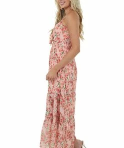 She + Sky Coral Floral Print Sweetheart Neck Maxi Dress Dresses