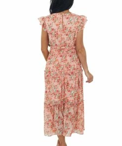 She + Sky Dresses Coral Floral Ruffle Tiered V Neck Midi Dress