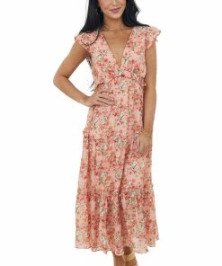 She + Sky Dresses Coral Floral Ruffle Tiered V Neck Midi Dress