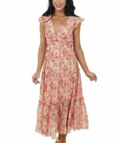 She + Sky Dresses Coral Floral Ruffle Tiered V Neck Midi Dress