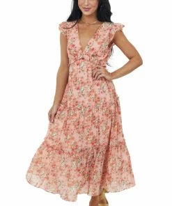 She + Sky Dresses Coral Floral Ruffle Tiered V Neck Midi Dress