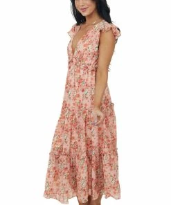 She + Sky Dresses Coral Floral Ruffle Tiered V Neck Midi Dress