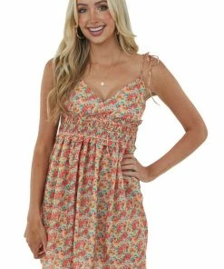 Umgee Dresses Coral Floral Tie Strap Babydoll Mini Dress