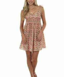 Umgee Dresses Coral Floral Tie Strap Babydoll Mini Dress 9 Umgee Dresses Coral Floral Tie Strap Babydoll Mini Dress