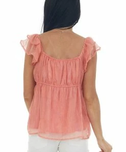 Andree Coral Iridescent Babydoll Blouse With Flutter Sleeves