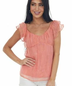 Andree Coral Iridescent Babydoll Blouse With Flutter Sleeves