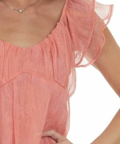 Andree Coral Iridescent Babydoll Blouse With Flutter Sleeves