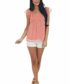 Andree Coral Iridescent Babydoll Blouse With Flutter Sleeves