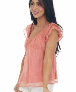 Andree Coral Iridescent Babydoll Blouse With Flutter Sleeves