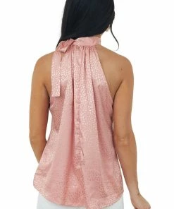 Miss Sparkling Coral Leopard Satin Halter Top With Tie Strap