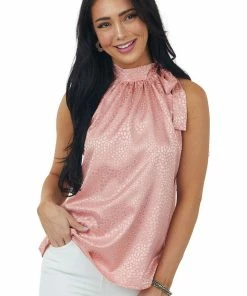 Miss Sparkling Coral Leopard Satin Halter Top With Tie Strap
