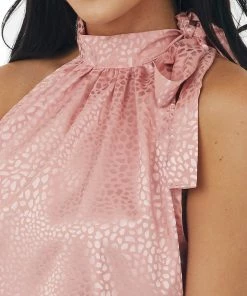 Miss Sparkling Coral Leopard Satin Halter Top With Tie Strap