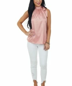 Miss Sparkling Coral Leopard Satin Halter Top With Tie Strap