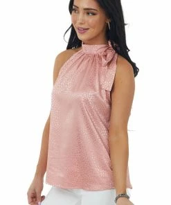 Miss Sparkling Coral Leopard Satin Halter Top With Tie Strap