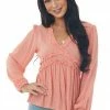 Peach Love Tops Coral Long Puff Sleeve Babydoll Top With Ruffle Detail 2 Peach Love Tops Coral Long Puff Sleeve Babydoll Top With Ruffle Detail