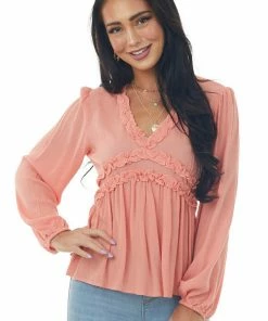 Peach Love Tops Coral Long Puff Sleeve Babydoll Top With Ruffle Detail