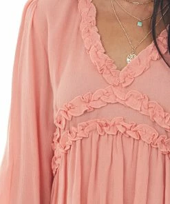 Peach Love Tops Coral Long Puff Sleeve Babydoll Top With Ruffle Detail