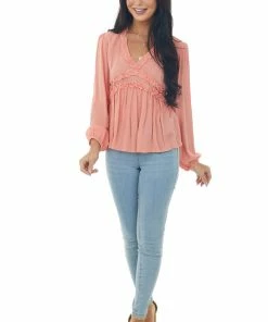 Peach Love Tops Coral Long Puff Sleeve Babydoll Top With Ruffle Detail