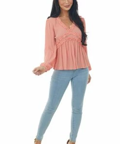 Peach Love Tops Coral Long Puff Sleeve Babydoll Top With Ruffle Detail