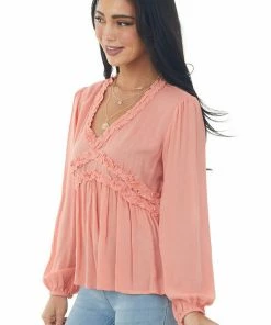 Peach Love Tops Coral Long Puff Sleeve Babydoll Top With Ruffle Detail