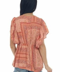 Haptics Tops Coral Printed V Neck Babydoll Blouse 16 Haptics Tops Coral Printed V Neck Babydoll Blouse