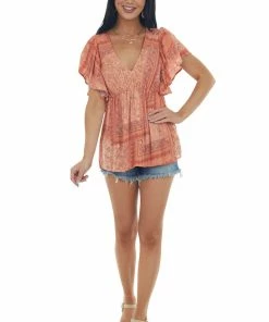 Haptics Tops Coral Printed V Neck Babydoll Blouse 13 Haptics Tops Coral Printed V Neck Babydoll Blouse