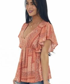 Haptics Tops Coral Printed V Neck Babydoll Blouse 15 Haptics Tops Coral Printed V Neck Babydoll Blouse