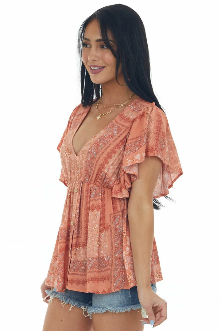 Haptics Tops Coral Printed V Neck Babydoll Blouse 8 Haptics Tops Coral Printed V Neck Babydoll Blouse