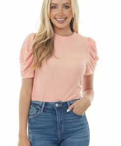 Ces Femme Coral Puff Sleeve Fitted Crinkle Woven Top Tops