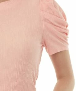 Ces Femme Coral Puff Sleeve Fitted Crinkle Woven Top Tops 13 Ces Femme Coral Puff Sleeve Fitted Crinkle Woven Top Tops
