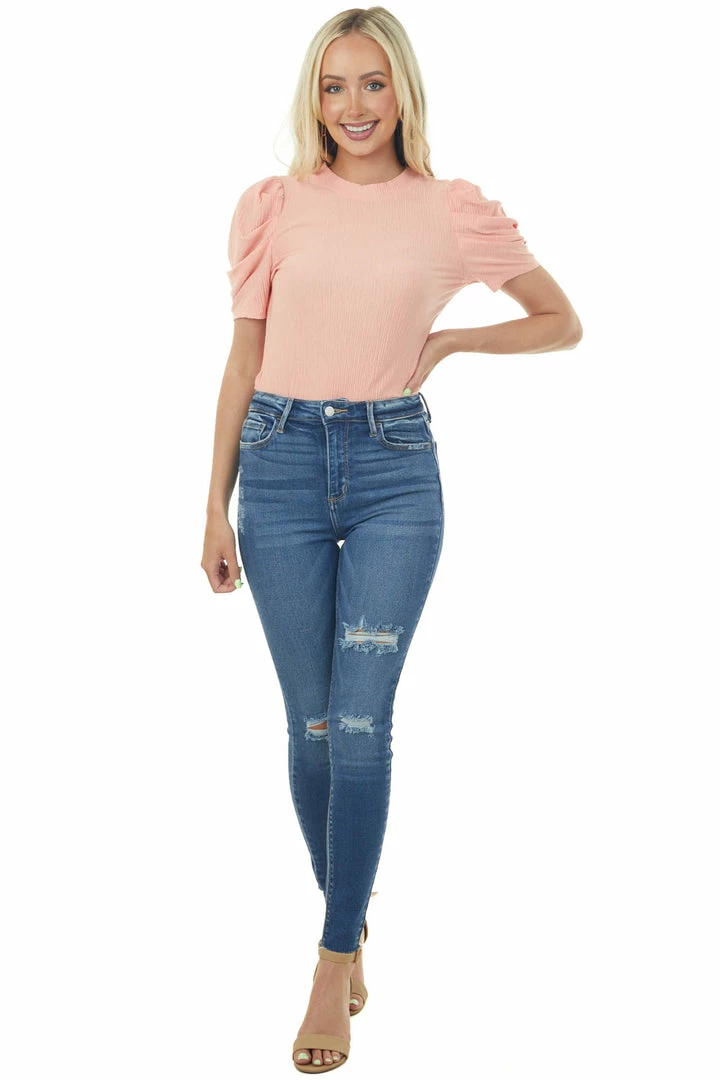 Ces Femme Coral Puff Sleeve Fitted Crinkle Woven Top Tops 4 Ces Femme Coral Puff Sleeve Fitted Crinkle Woven Top Tops