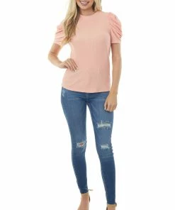 Ces Femme Coral Puff Sleeve Fitted Crinkle Woven Top Tops 10 Ces Femme Coral Puff Sleeve Fitted Crinkle Woven Top Tops