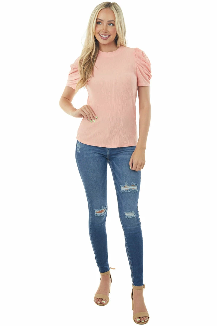 Ces Femme Coral Puff Sleeve Fitted Crinkle Woven Top Tops 5 Ces Femme Coral Puff Sleeve Fitted Crinkle Woven Top Tops