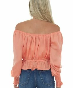 She + Sky Tops Coral Silky Smocked Cuff Peplum Blouse