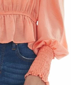 She + Sky Tops Coral Silky Smocked Cuff Peplum Blouse