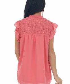 Vanilla Bay Coral Smocked Yoke Ruffle Cap Sleeve Blouse