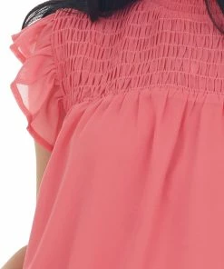 Vanilla Bay Coral Smocked Yoke Ruffle Cap Sleeve Blouse
