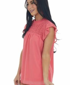 Vanilla Bay Coral Smocked Yoke Ruffle Cap Sleeve Blouse