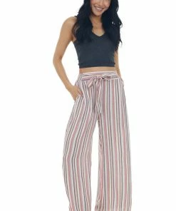 ANGIE Coral Striped Pants With Smocked Waist Tie