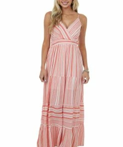 IN LOOM Dresses Coral Striped Sleeveless Surplice Maxi Dress