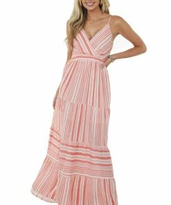 IN LOOM Dresses Coral Striped Sleeveless Surplice Maxi Dress